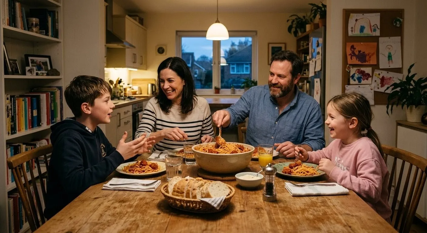 A family dinner at home, the phone face-down on the counter